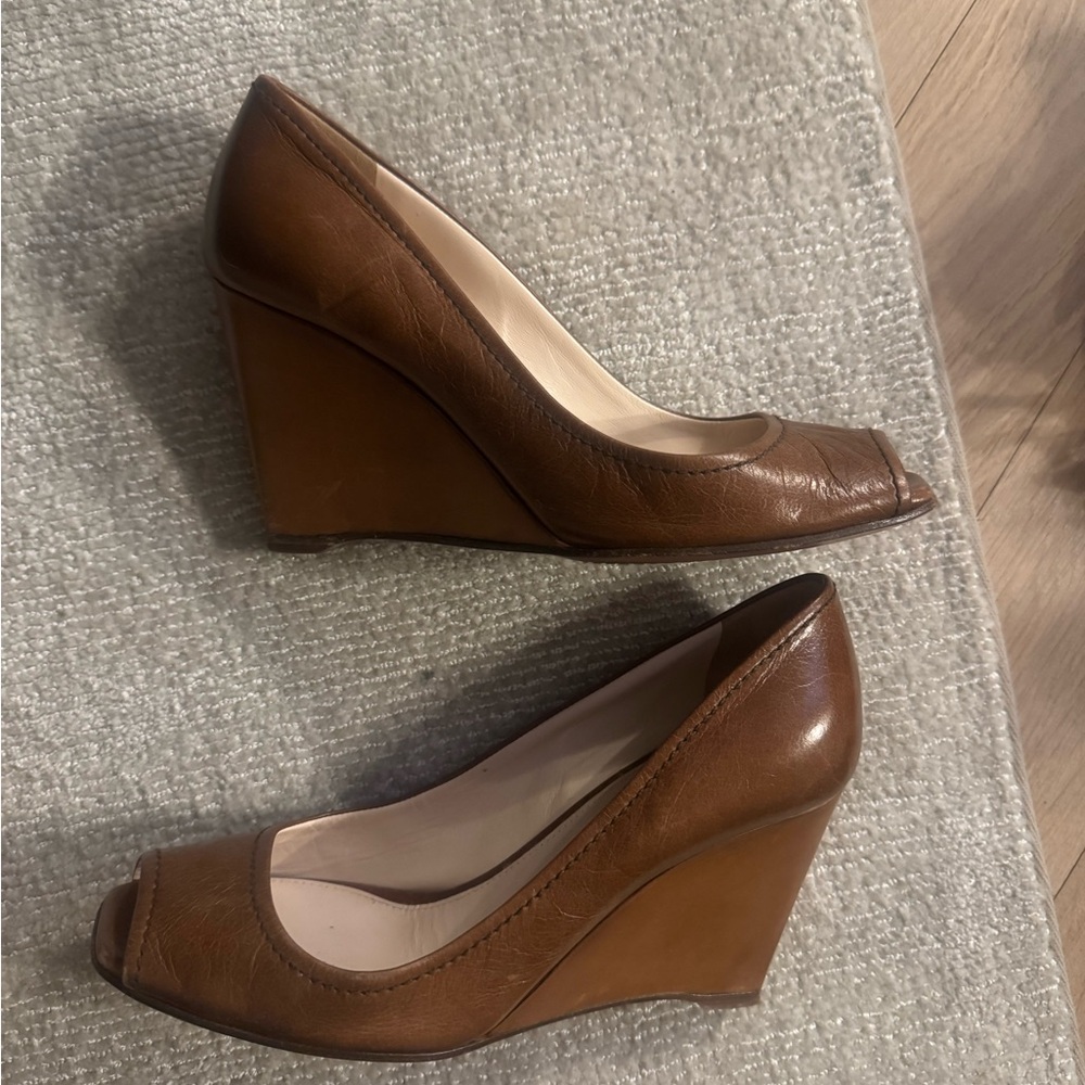 VINTAGE PRADA brown leather peep toe wedges